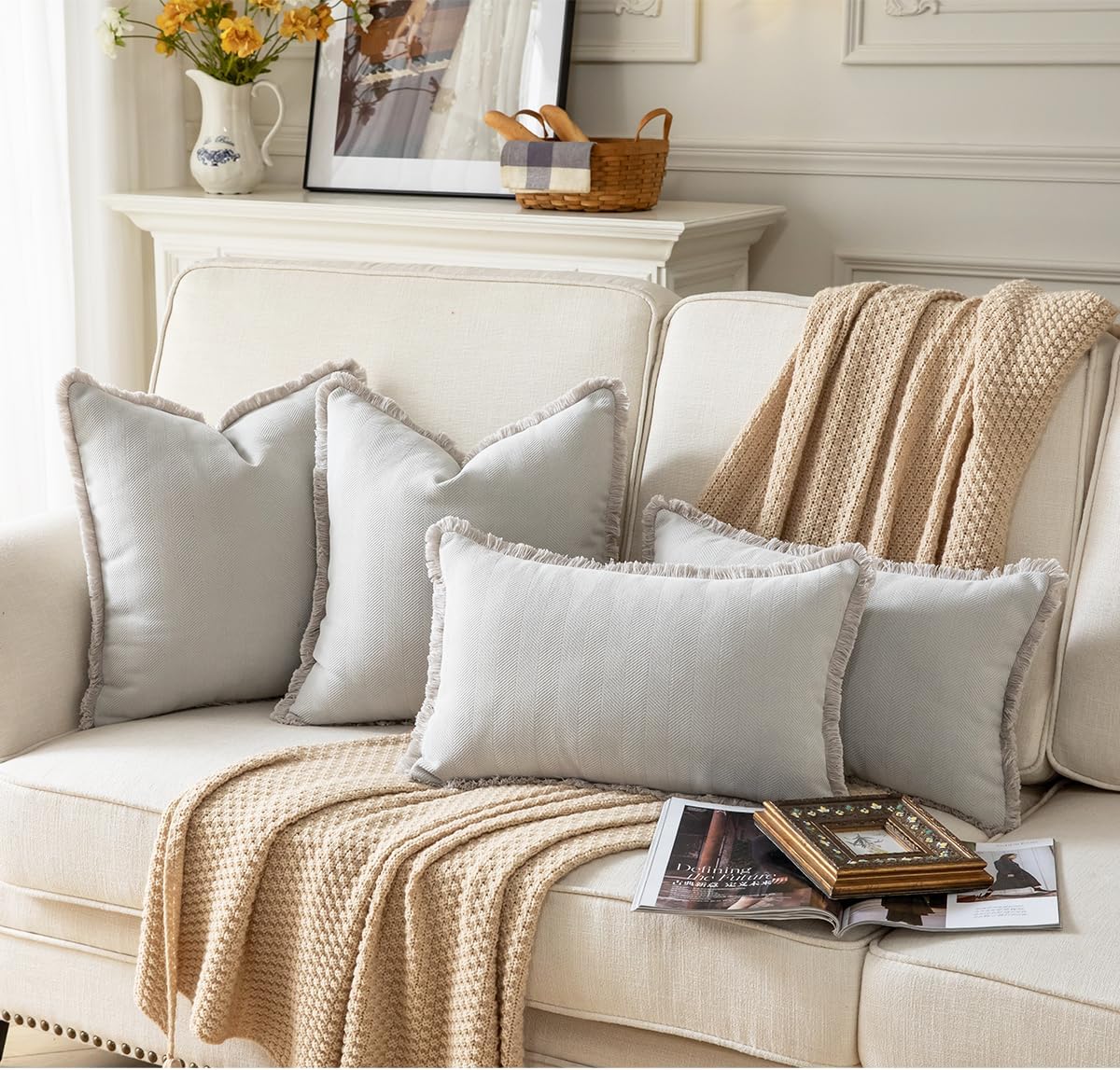 Set of 2 Decorative Fringe Throw Pillow Covers Chenille Pillow Covers Elegant Design Pillowcase Soft Tassels Cushion Cover for Couch Bed Home Decor,22×22 Inch,Light Gray