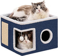 Cat Beds for Indoor Cats, Large Cat Cave with Fluffy Ball and Scratch Pad, Foldable Cat Scratch House with Hideaway Condo for Kitten,16x16x13inch,Blue
