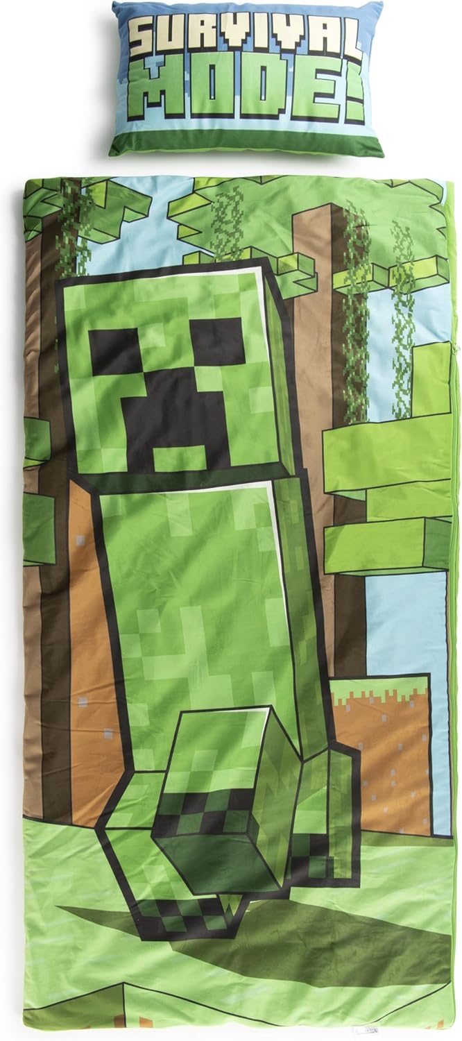 Jay Franco Kids Slumber Bag and Pillow - 54 x 27 Inch Comfy Indoor Sleeping Bag for School and Sleepovers, 2 Piece Set, Green - Minecraft
