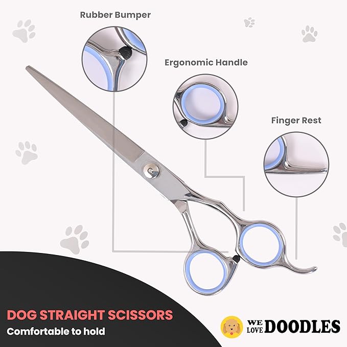 Dog Grooming Scissors Kit - Best Tools for Goldendoodles, Poodles & Doodles - Straight, Curved & Thinning Shears - Golden Doodle Grooming Kit - Professional Grade Steel, 4 Pc Set (Long Silver)