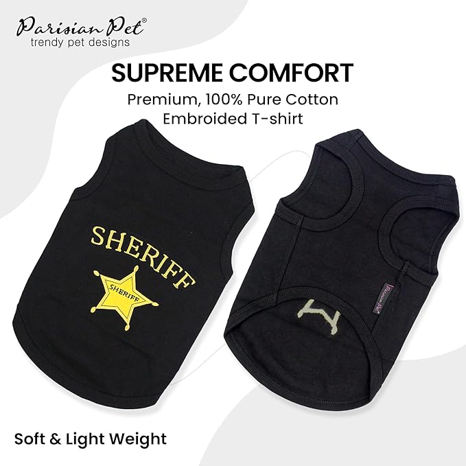Parisian Pet Dog Tshirt - Embroidered “ Sheriff “ Shirt - Lightweight and Skin Friendly Dogs Clothes - Sleeveless Black Dog Tee Shirts - Machine Washable Shirts for Small Dogs - S