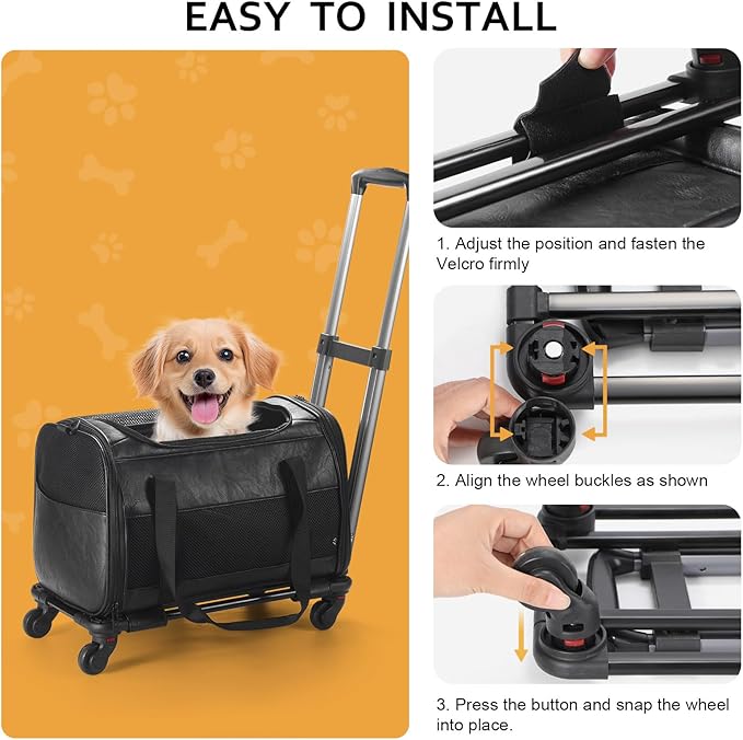 Airline Approved Pet Carrier with Wheels, Rolling Soft Sided Dog Cat Travel Bag, Premium Fashion Leather Small Pet Carrier Purse for Puppies and Cats Black