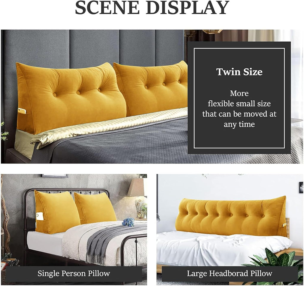 Bed Wedge Headboard Pillow - College Dorm Reading Pillow Back Support While Sitting in Bed - Ergonomic Lumbar Pillow Body Positioning Bed Pillow - Velvet Golden Yellow 39IN