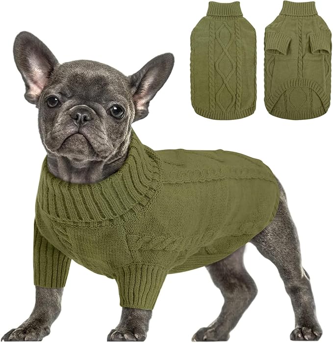 Queenmore Small Dog Pullover Sweater, Cold Weather Cable Knitwear, Classic Turtleneck Thick Warm Clothes for Chihuahua, Bulldog, Dachshund, Pugl,OliveGreen,XL