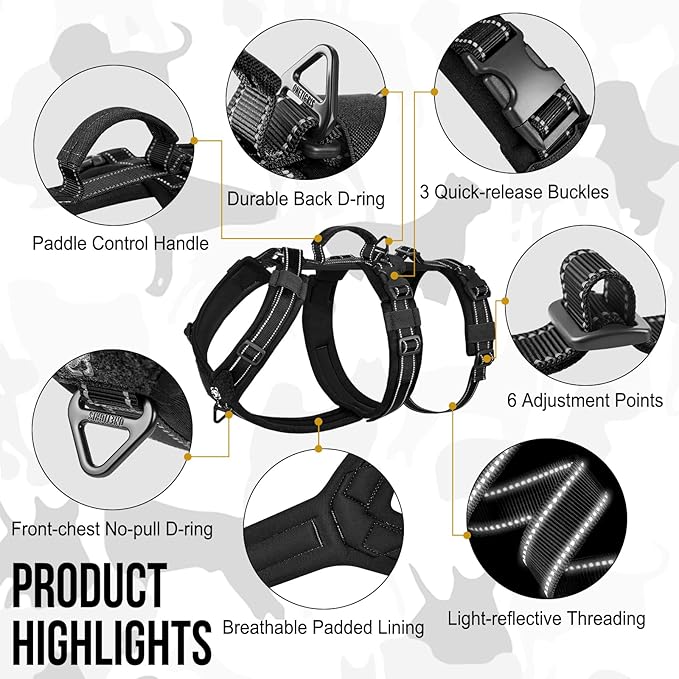 OneTigris Dog Harness No Pull, Adjustable Tactical Harness with Soft Padding, Y-Shaped Reflective Easy Walk Dog Harness for Medium and Large Dogs