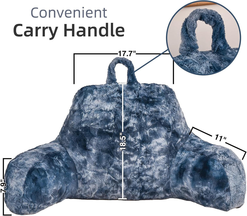 A Nice Night Faux Fur Soft Reading Pillow Bed Wedge Adult Backrest with Arms Back Support for Sitting Up in Bed/Couch for Bedrest,Tie Dyed Navy,Large