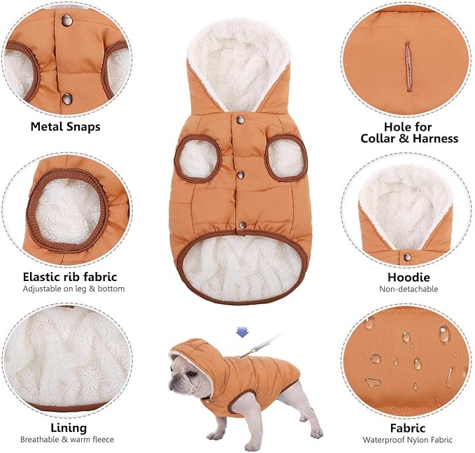 Dog Fleece Hoodie, Windproof Waterproof Dog Coat, Winter Warm Dogs Jacket, Cold Weather Pet Apparel Clothes Vest for Small Dogs Khaki, XS