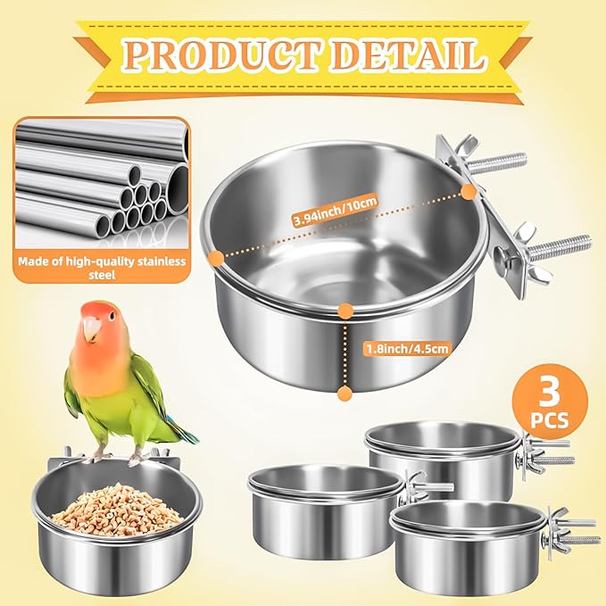 MotBach 3 Pack Bird Feeding Bowls Cups Parrot Food Water Dishes, Stainless Steel Bird Bowl Cup Dish with Clamp, Birdcage Feeder Pet Cage Bowls for Parrot Cockatiel Budgie Conure Parakeet Small Animal