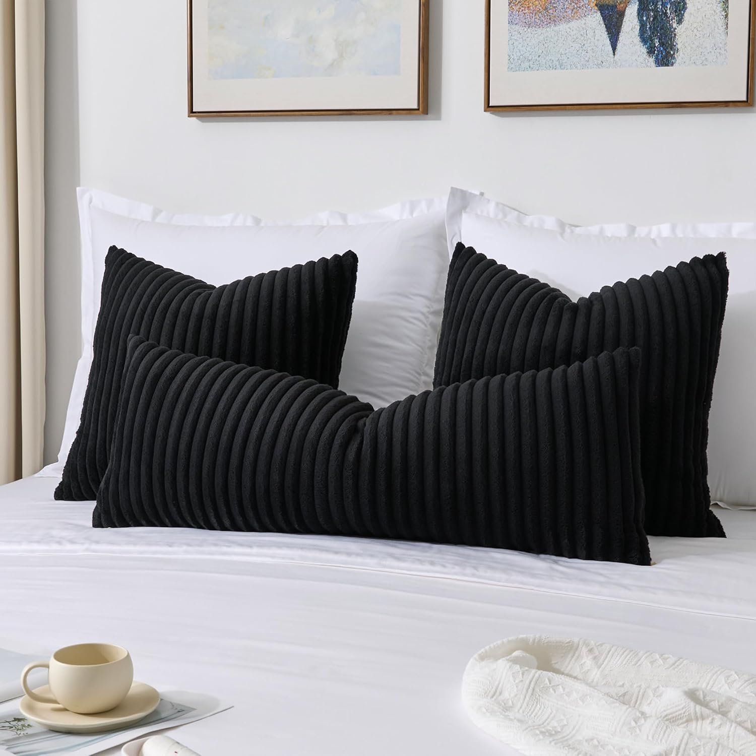 Kevin Textile Soft Plush 14x36 Inch Long Lumbar Pillow Cover 1 Pack, Luxury Fluffy Faux Fur Striped Flannel Rectangle Body Cushion Case for Couch Sofa Chair Bed Home Decor, Black