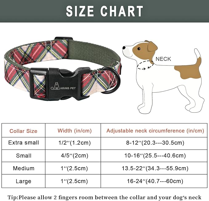 ARING PET Christmas Dog Collar, Cute Red Green Plaid Cotton Lightweight Pet Puppy Collars for Small Medium Large Dogs-L