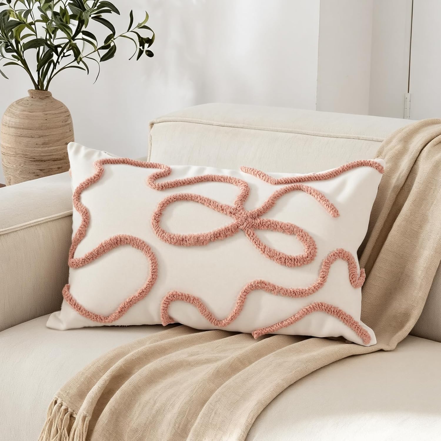 Pink Coquette Bow Throw Pillow Cover 12x 20, Boho Tufted Neutral Linen Pillow Cases Girls Bedroom Decor for Outdoor Couch Bedroom Car, Mauve