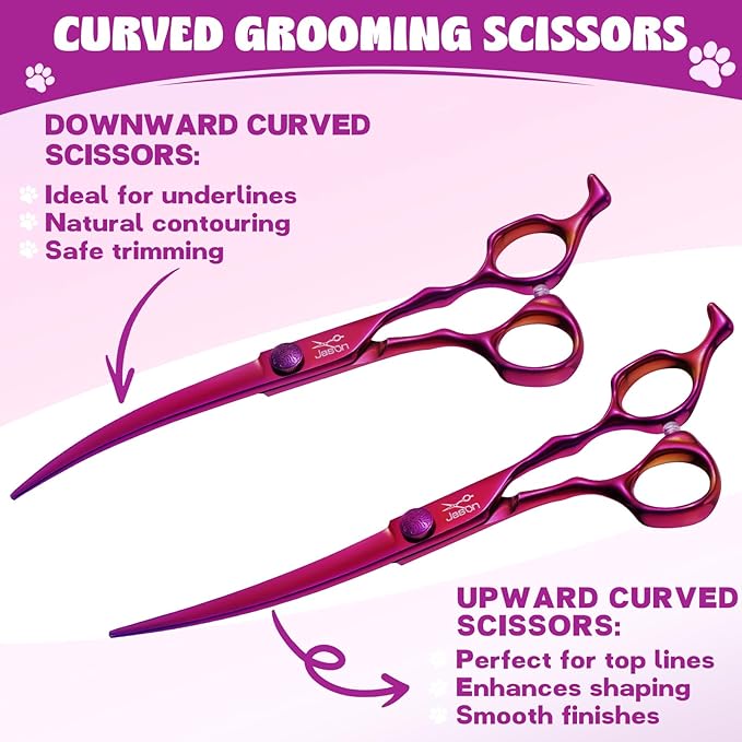 JASON Purple 6 in 1 Dog Grooming Scissors Set - Professional Thinner Set - 7" Thinning, Straight, Up-Curved, Down-Curved Scissors and Comb for Dog Cat Pet with Adjustable Screw