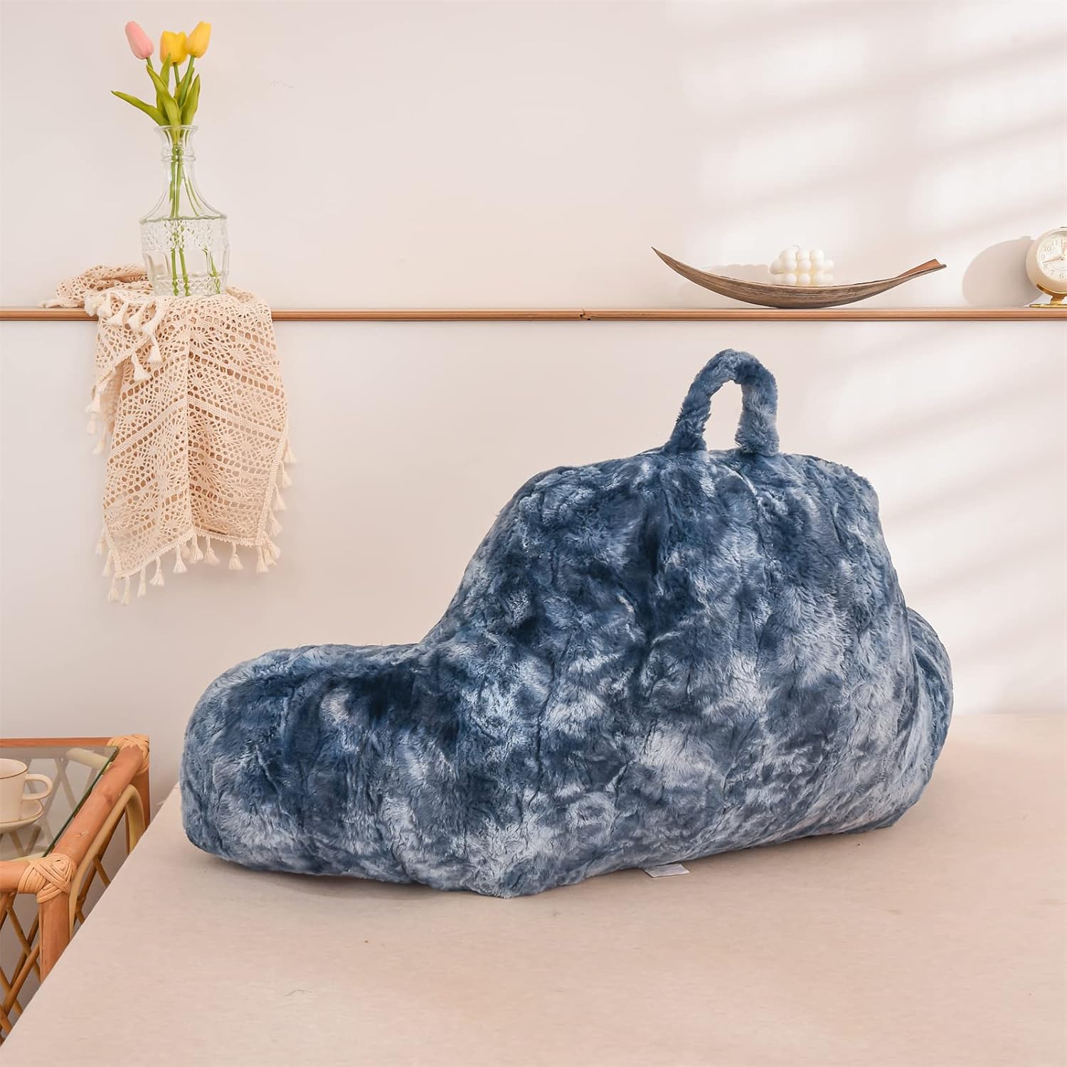 A Nice Night Faux Fur Reading Pillow Bed Wedge Large Adult Children Backrest with Arms Back Support for Sitting Up in Bed/Couch for Bedrest,Tie Dyed Navy