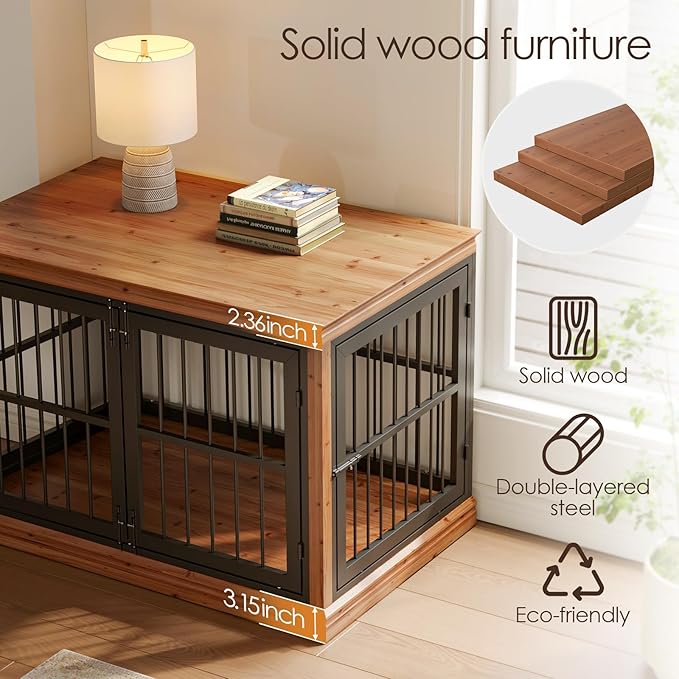 42 in Solid Wood Dog Crate Furniture for Dogs-Dog Kennel Indoor for End Table, Chew-Proof and Silent Latches Design for Large and Medium Dogs, Dog Kennel Furniture-(Brown+Black)