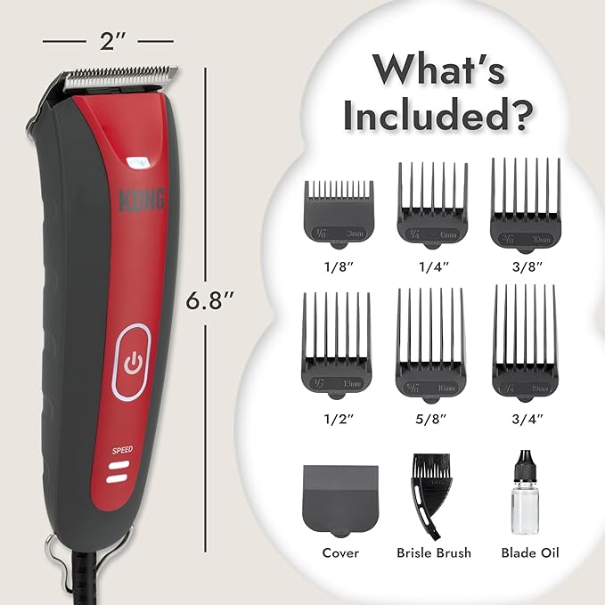 KONG 2-Speed Dog Clipper Grooming Kit – Stainless Steel Blade, Waterproof, LED Spotlight, 6 Guide Combs, 8-Foot Cord, Ergonomic Handle – Red/Gray, Medium Coat Types