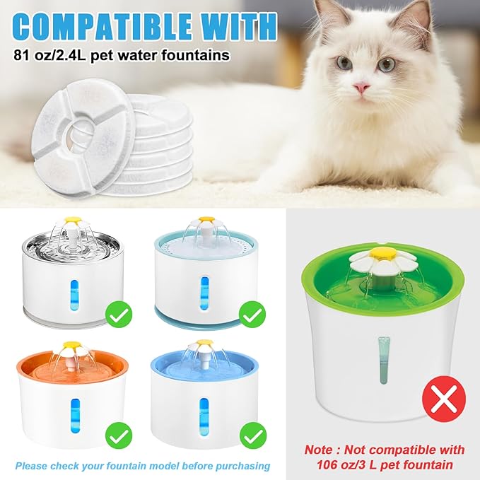 12 Pack Cat Water Fountain Filter, 8 Pcs Cat Fountain Filters Replacement & 4 Pcs Pre-Filter Sponges for 81oz / 2.4L Round Automatic Pet Water Fountain Dog Dispenser, 3-Filtration System