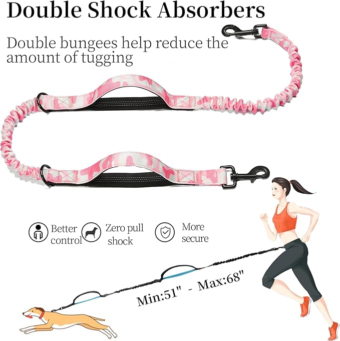 iYoShop Hands Free Dog Leash with Zipper Pouch, Dual Padded Handles and Durable Bungee for Walking, Jogging and Running Your Dog (White-Pink Mix, Large)