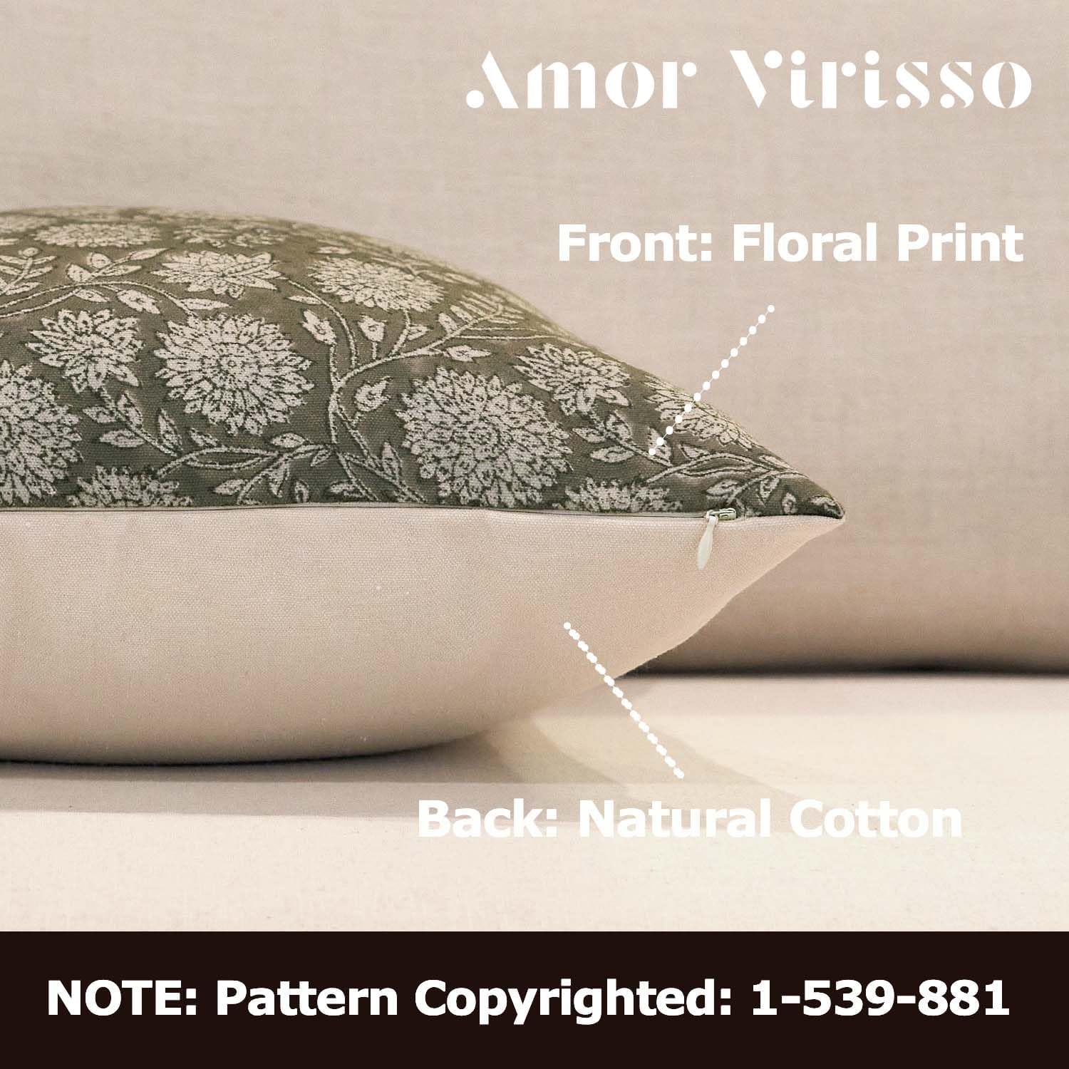 Amor Virisso Floral Pillow Covers 18x18 Throw Pillow Covers Vintage Block Print Pillow Cover Neutral Couch Pillows for Living Room Farmhouse Decorative Accent Sofa Pillows, Dusty Green