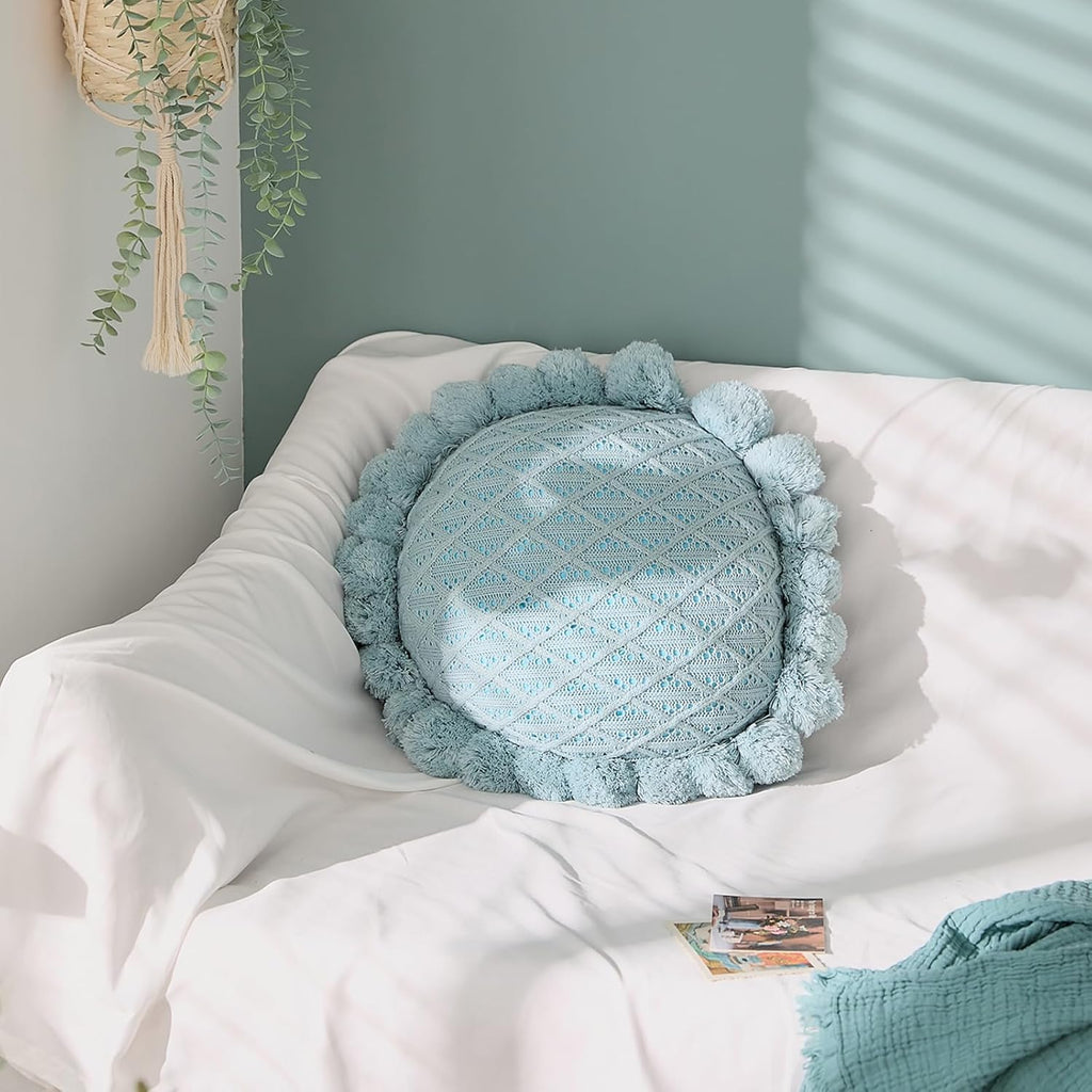 Acrylic Knitted Round Throw Pillow Knitting Bohemian Circular Cushion Pillow with Knit Handmade Pompoms Decorative Turquoise Green, Diameter 18inches