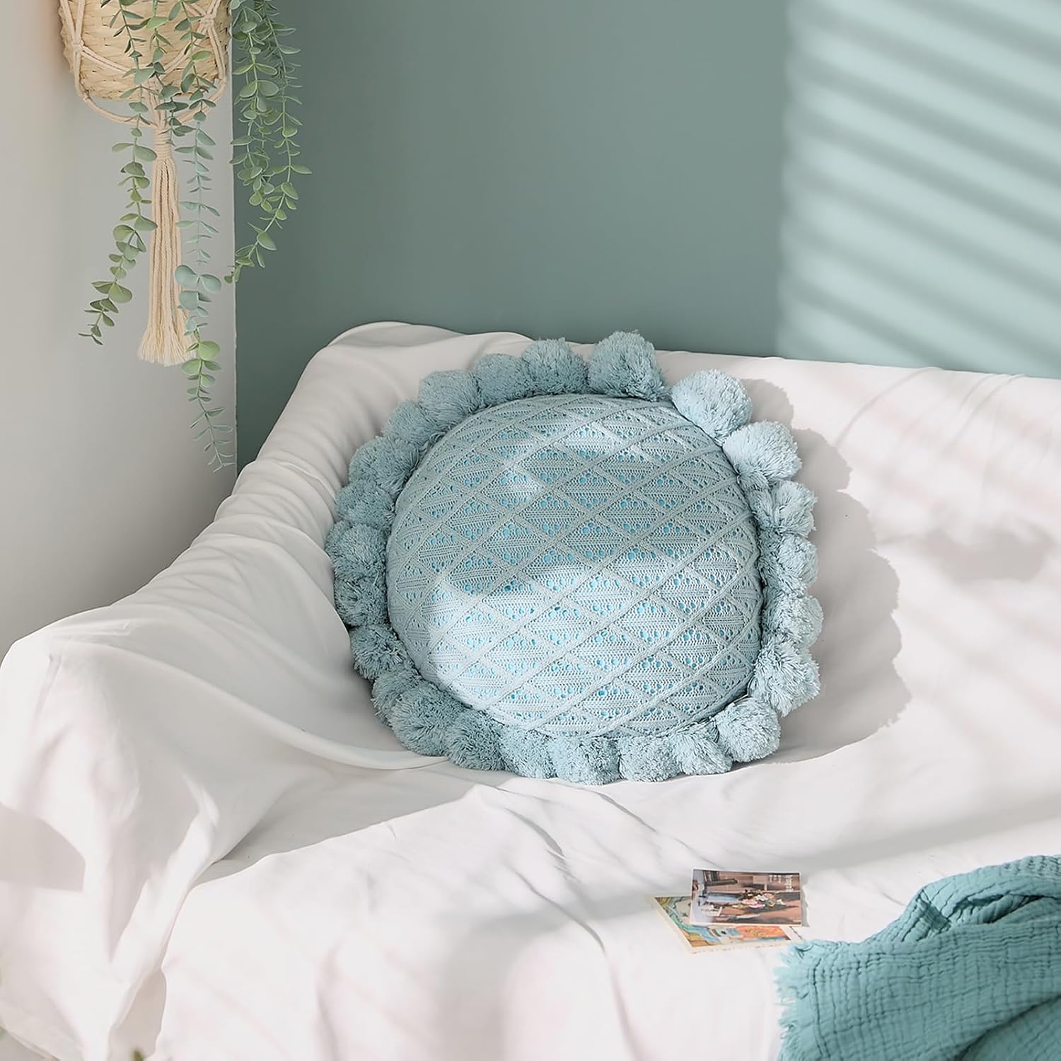 Acrylic Knitted Round Throw Pillow Knitting Bohemian Circular Cushion Pillow with Knit Handmade Pompoms Decorative Turquoise Green, Diameter 18inches