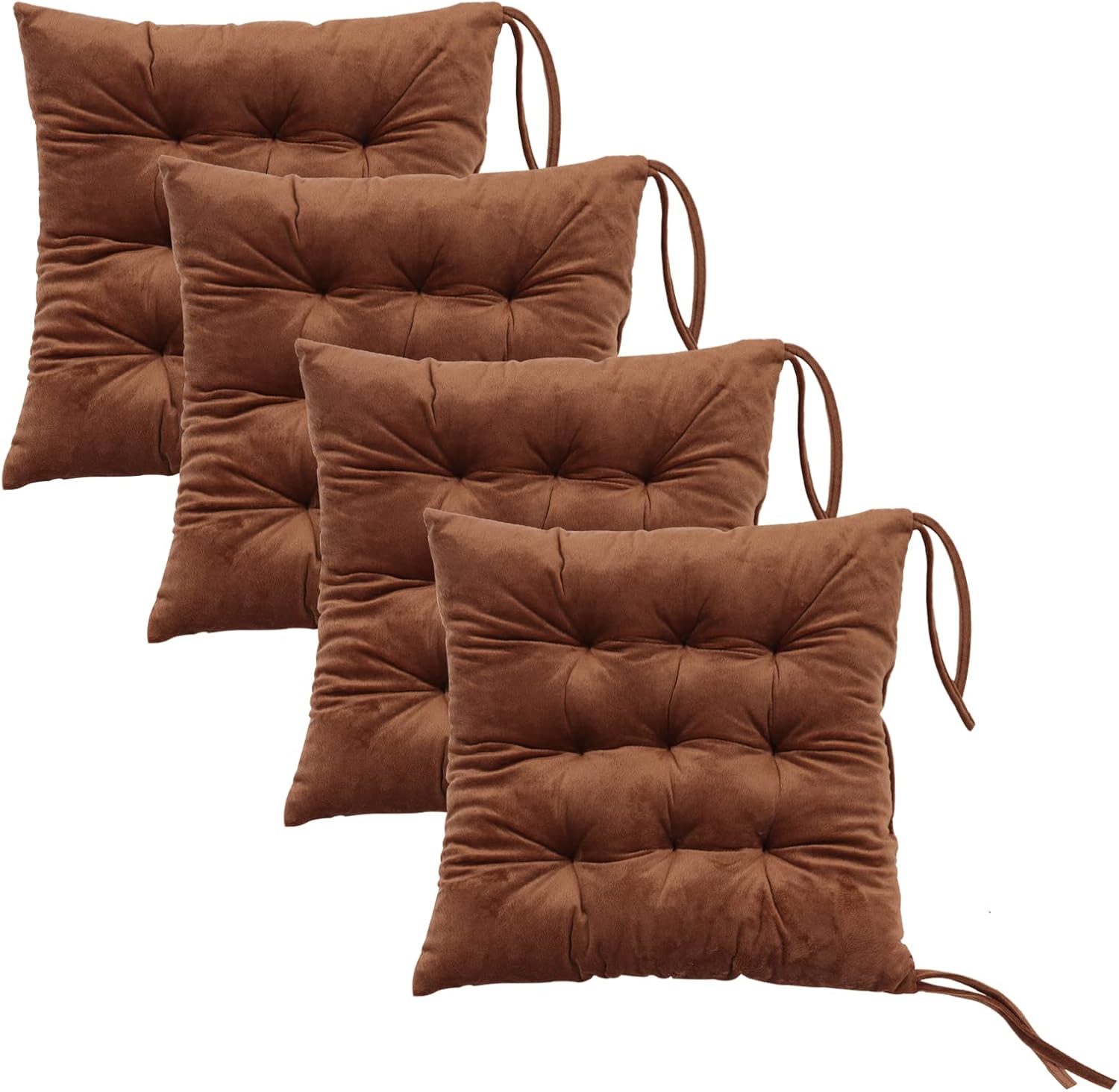 Set of 4 Square Chair Pads Indoor Seat Cushions Pillows with Ties Soft Comfortable Non Slip Chair Mat for Kitchen Dining Office Desk Living Room Outdoor Tatami 15.5" - Coffee