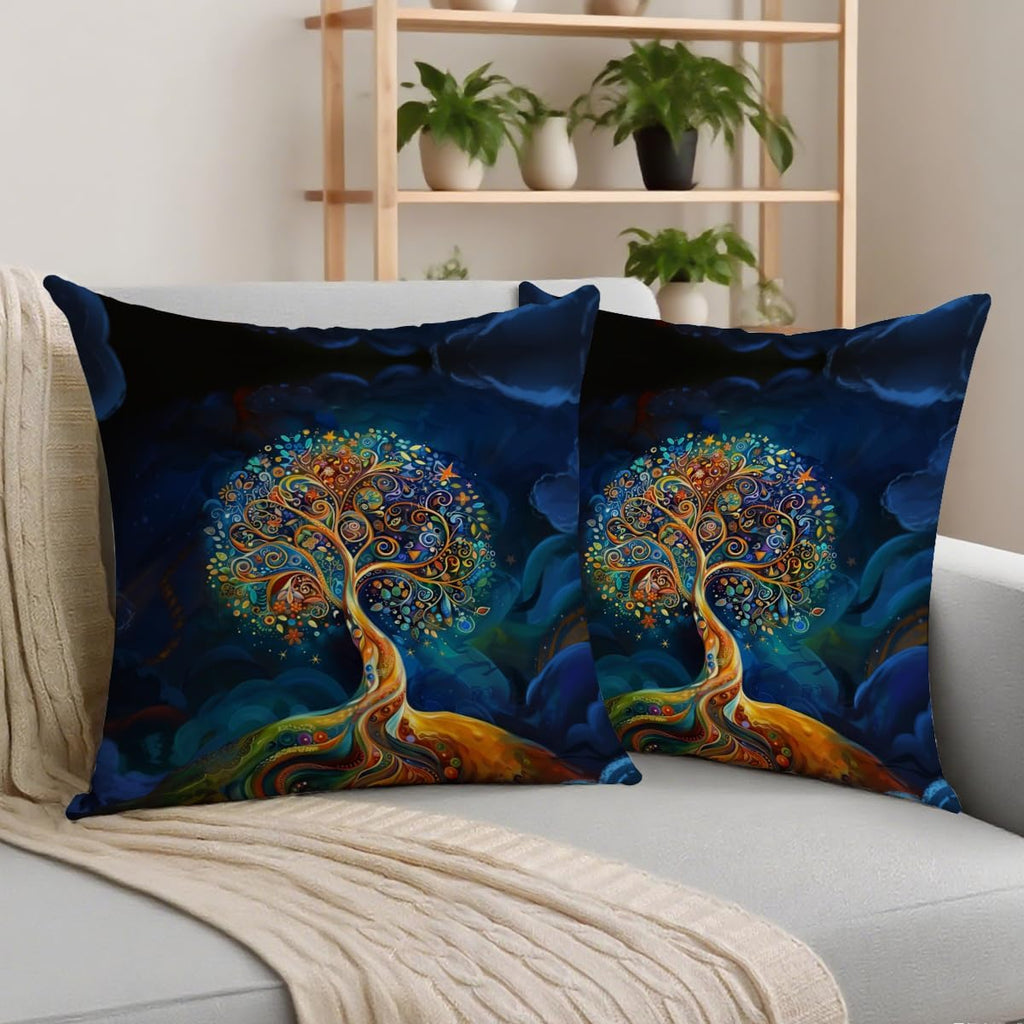2 Pcs Watercolor Tree Throw Pillow Cover, Decorative Boho Pillow Covers for Couch, Light Tree Of Life Square Cushion Cases for Couch Sofa Bed Bedroom Apartment Dorm Living Room Office Home Decor