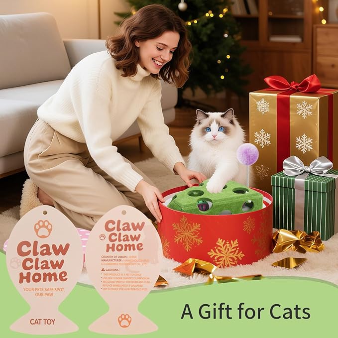 Interactive Felt Cat Toy Box for Indoor Cats,Puzzle Toy with 3 bell Balls & Spring Teaser Pet Games Self Play Fun Exercise Hide Seek Moving Cat Toy for Bored Cats Encourages Hunting Instincts (Green)