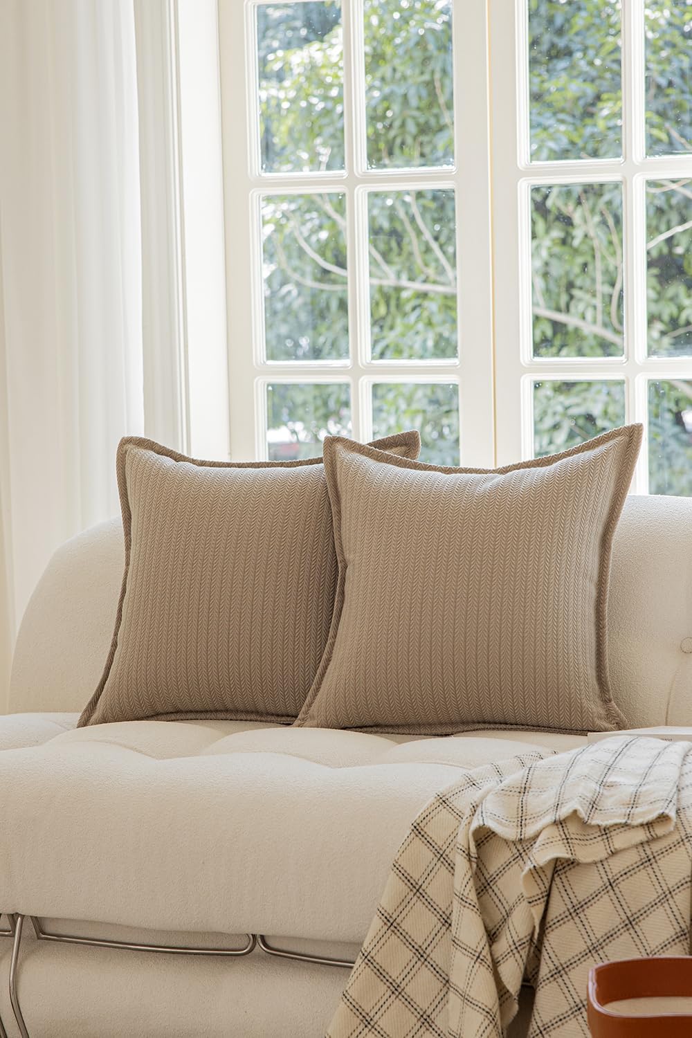 Set of 2 Herringbone Embossed Stripe Flange Throw Pillow Covers for Couch and Bed - 18"x18", Khaki-Green