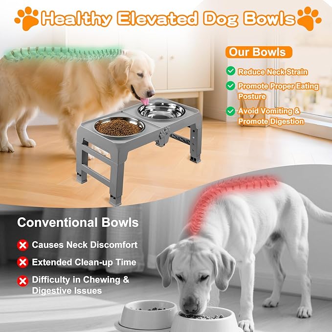 Elevated Dog Bowl Stand for Large Dogs - 2 Extra Large 10” Stainless Steel Bowls, 5 Adjustable Heights(7.5"-15.4"), Foldable Non-Slip & Durable, Portable Heavy Duty Travel Dog Feeder, Grey