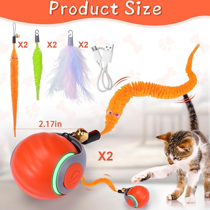 BABORUI 2Pack Orange Interactive Cat Toy Ball - Automatic Interactive Cat Toys for Indoor Cats with 3 Tails, 2 Speeds Rechargeable Enrichment for Small/Medium/Large to Keep Them Busy
