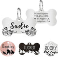 Ultra Joys Stainless Steel Pet ID Tag Dog Name Tags Personalized Front and Back Engraving, Customized Cat Tags, Optional Engraved on Both Sides, Bone Floral Design, Silver Large, Silver-bone-floral