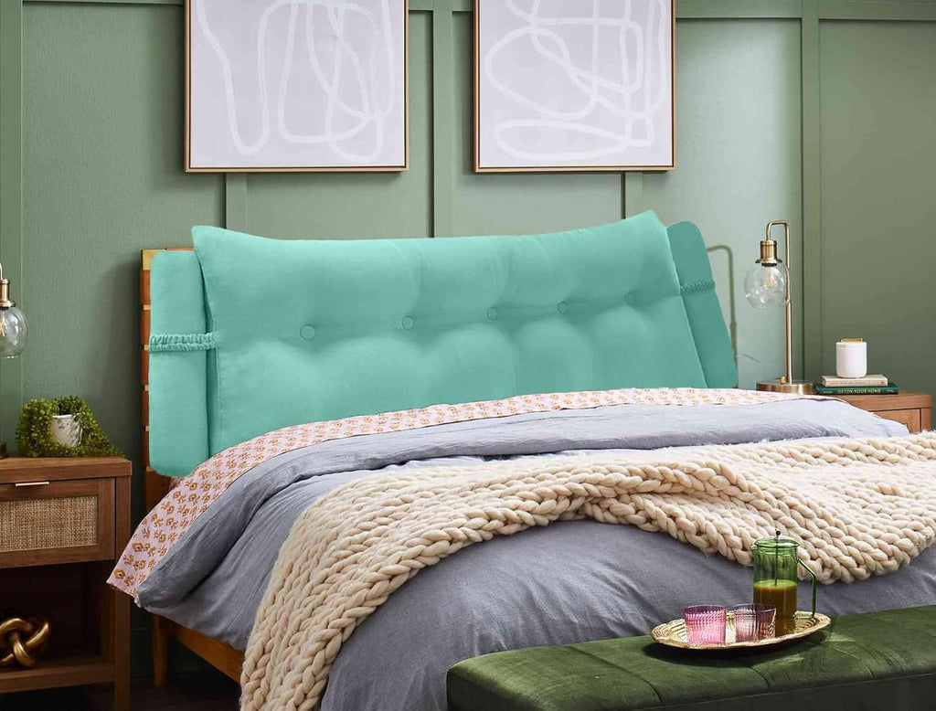 Triangular Reading Bed Rest Pillow Large Bolster Cushion Headboard Backrest Wedge Pillow with Two Detachable Roll Pillows for Neck & Lumbar Support (Turquoise, Queen: 59 x 8 x 20 inches)