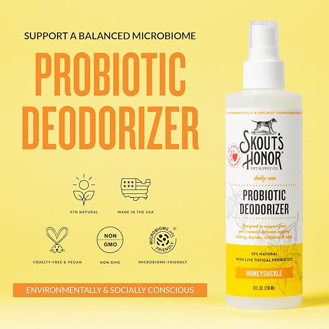 Skout's Honor Probiotic Pet Deodorizer Spray- Hydrating Daily-Use with Avocado Oil & Omega-3s, Microbiome Friendly Certiified, Paraben & Sulfate-Free, 97% Natural, 8oz, Honeysuckle