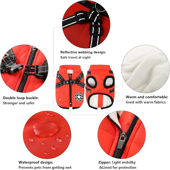 Aiboria Dog Jacket Windproof Warm Pet Fleece Coat Dog Sweater Padded Vest with Chest Strap Harness Red L