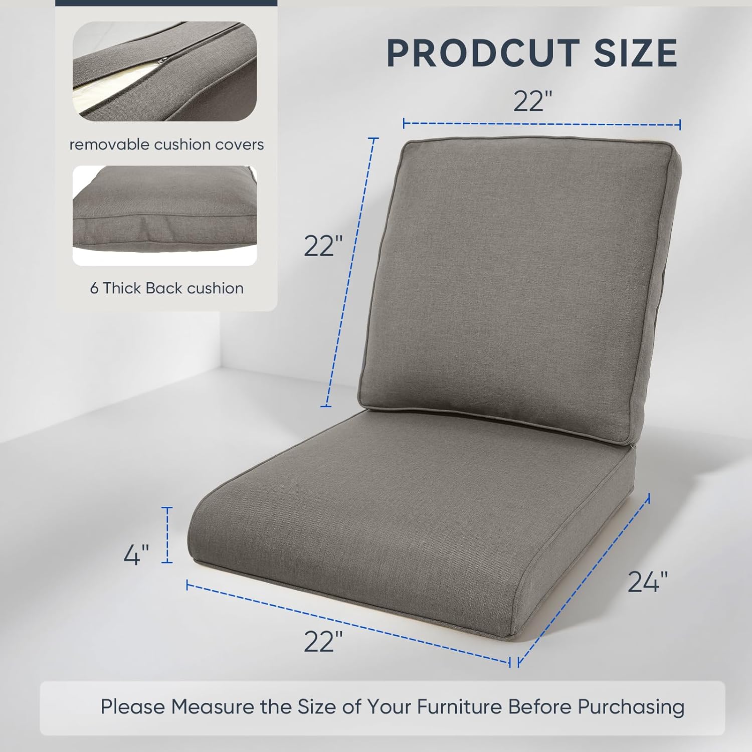 8-Piece Outdoor Patio Cushion Set - Fade & Water Resistant with Removable Olefin Cover, 22x24x4 Inch Memory Foam Cushions for Wicker Sectional Sofa – Grey/Regular