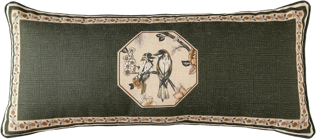 ISAENNE Design Linen Chinoiserie Lumbar Throw Pillow Covers 12"x28", Farmhouse Cushion Covers with Yellow Floral Birds Pattern Decoration Pillowcases for Bed,Living Room,Outdoor,Car