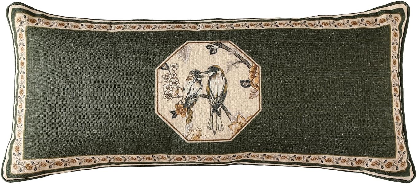 ISAENNE Design Linen Chinoiserie Lumbar Throw Pillow Covers 12"x28", Farmhouse Cushion Covers with Yellow Floral Birds Pattern Decoration Pillowcases for Bed,Living Room,Outdoor,Car