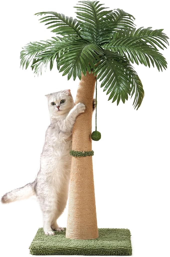 40'' Tall Cat Scratching Post Cat Tree, Curved Design Cat Scratcher Post with 3 Interactive Balls, Natural Sisal Rope Cat Scratching Posts for Indoor Cats Adults Kittens, Multi-Combinable (Style A)