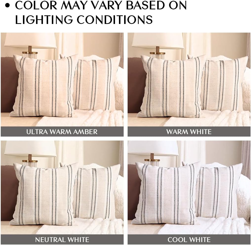 AELS 22x22 Decorative Farmhouse Linen Throw Pillow Covers, Boho Textured Pillow Case, Set of 2, Beige with White & Black Stitch Yarn Dyed Stripe Cushion Cover for Sofa Couch Living Room (Cover ONLY)