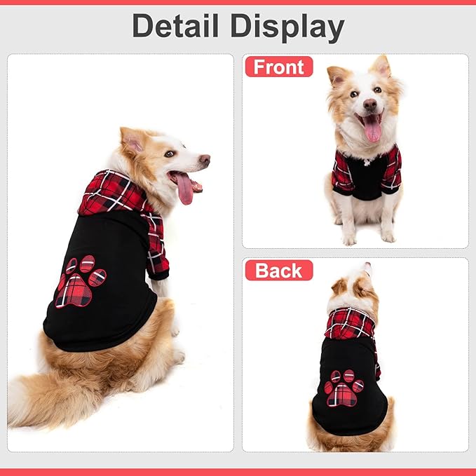 KOOLTAIL Plaid Dog Hoodie Pet Clothes Sweater with Hat and Pocket for Small Medium Large Size Dogs, Soft Winter Warm Dog Cold Weather Coat, Fleece Fall Dog Hooded Sweatshirt for Puppy Cats, Red L