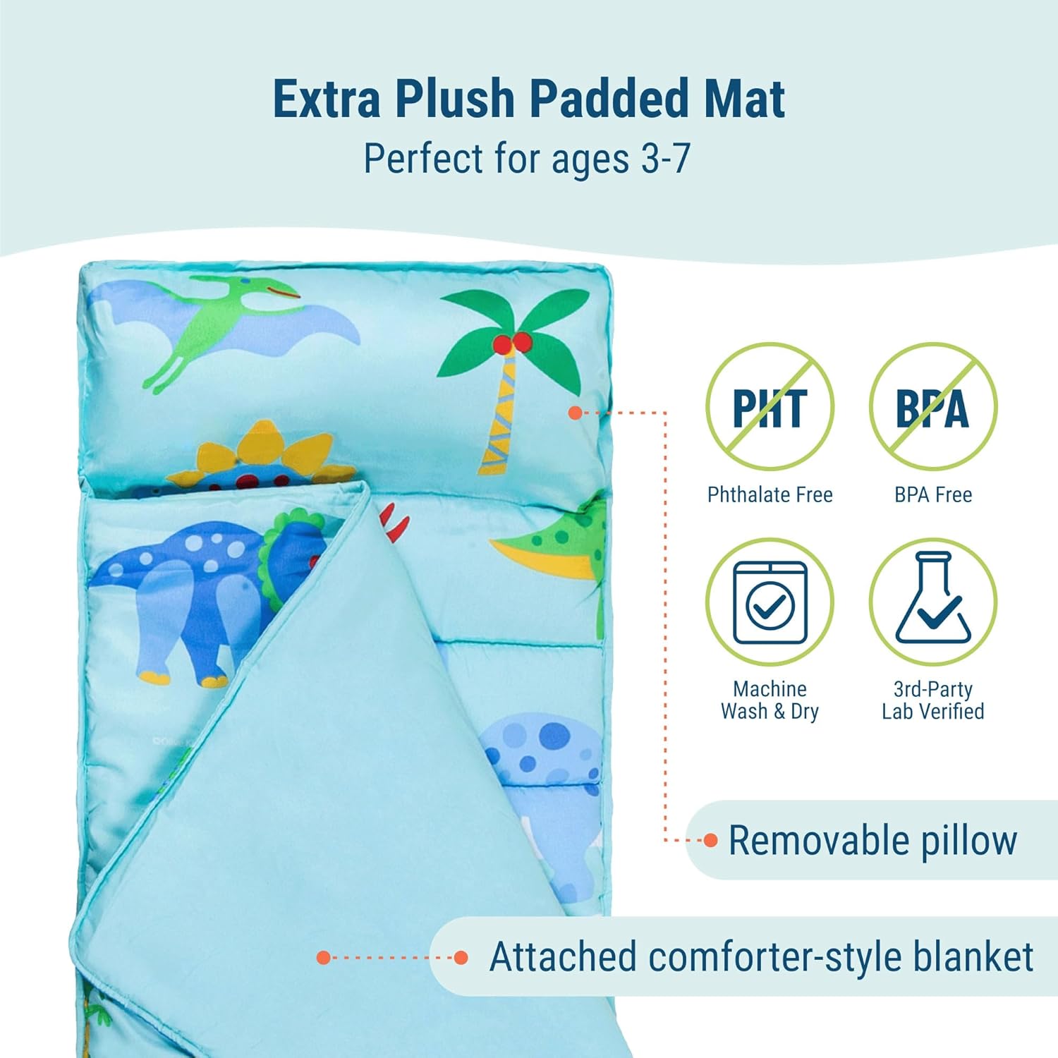 Wildkin Kids Microfiber Nap Mat – Soft Sleep Mat with Pillow, Ideal for School & Travel - Dinosaur Land