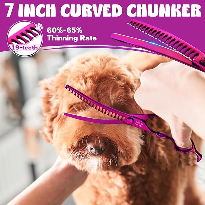 JASON Dog Grooming Scissors Set - Professional 6 in 1 Dog Shears Set - 7" Curved Chunker, 7" Straight, 7" Up-Curved, 7" Down-curved Scissors and Comb for Dog Cat Pet with Adjustable Screw