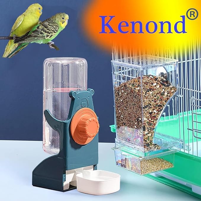 Kenond No Mess Bird Feeder Water Dispenser Set, Automatic Parrot Feeder Cage Accessories, Clear Parakeet Seed Container Food Drinker for Cage, Cockatiel Finch Lovebirds Budgies Canary (Blue)