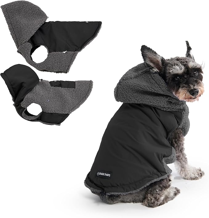 Spark Paws Reversible Dog Sweater, Sherpa Jacket Vest with Warm Fleece Lining, Warm Coat for Winter, Suitable for Small Medium, Large, XL XXL Dogs - Black and Grey - S