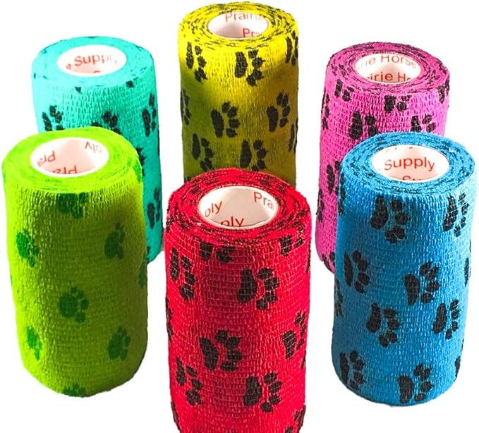4 Inch Vet Wrap Tape Bulk (Black Paw Prints on Yellow, Red, Teal, Blue, Neon Green, and Neon Pink) (Pack of 24) Self Adhesive Adherent Adhering Flex Bandage Grip Roll for Dog Cat Pet