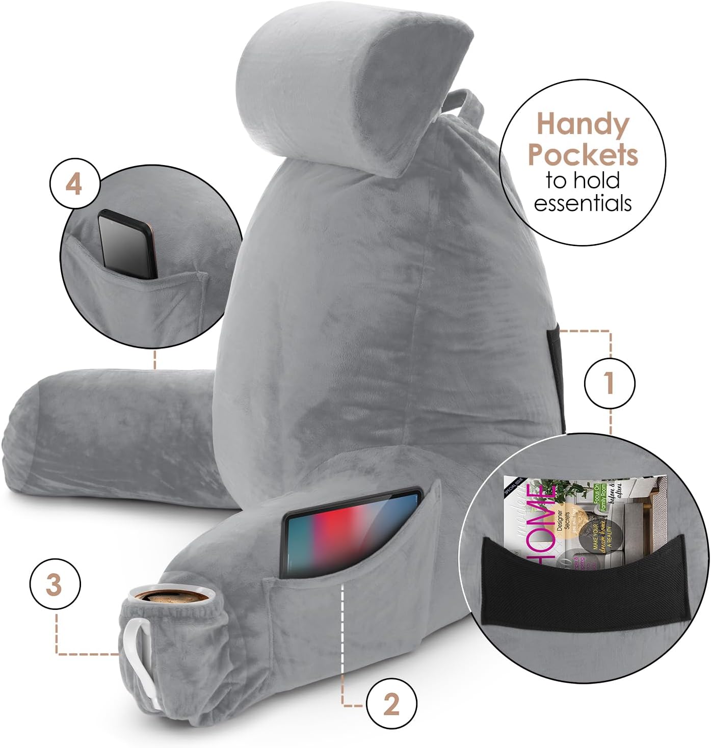 Nestl Reading Pillow with Shredded Memory Foam Includes 2 Neck and Lumber Support Pillows, Designed for Sitting Up in Bed and Couch, Back and Arms Adjustable Support for Adult & Teens, Grey