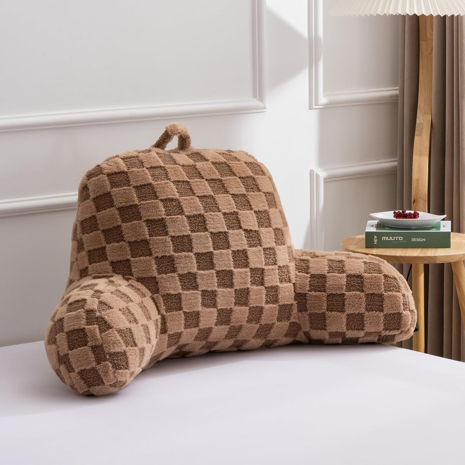 A Nice Night Faux Fur Reading Pillow,Checkered Fluffy Grid Plaid,Bed Wedge Pillow Large Adult Children Backrest with Arms for Bedrest,Brown