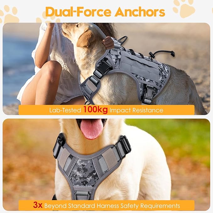 Heavy-Duty Tactical Dog Harness for Large Dogs, No Pull Adjustable Reflective Pet Vest with Molle System, K9 Military-Grade Control for Service Training, Outdoor & 10+ Breeds, Gray Camo, XX-Large