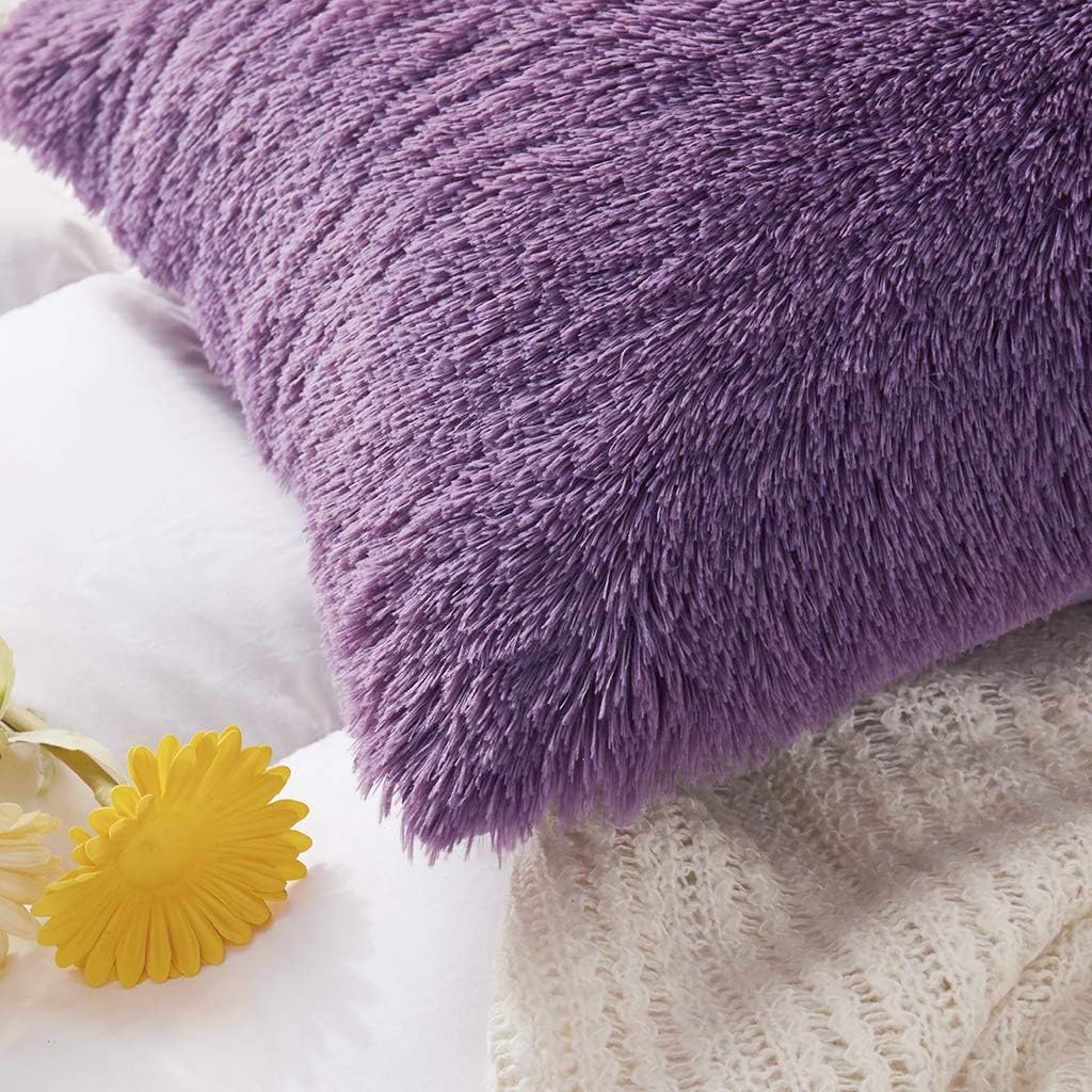 Uhamho Set of 2 Standard Pillowcases Faux Fur Throw Pillow Covers Queen Size Shams Soft Velvet Decorative Zipper Closure (Purple, 20"x26")