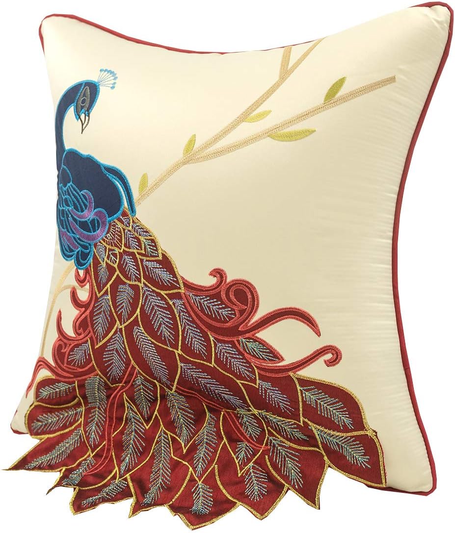 vctops Embroidered Peacock Decorative Throw Pillow Case Silky Satin Cushion Cover Red1 18"X18"
